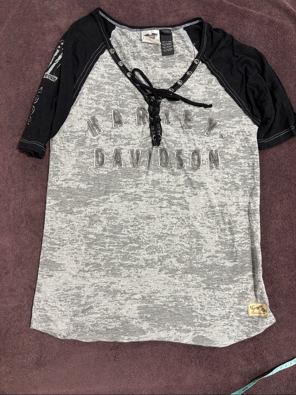 Harley-Davidson Gray & Black Lace-Up burnout Raglan Tee